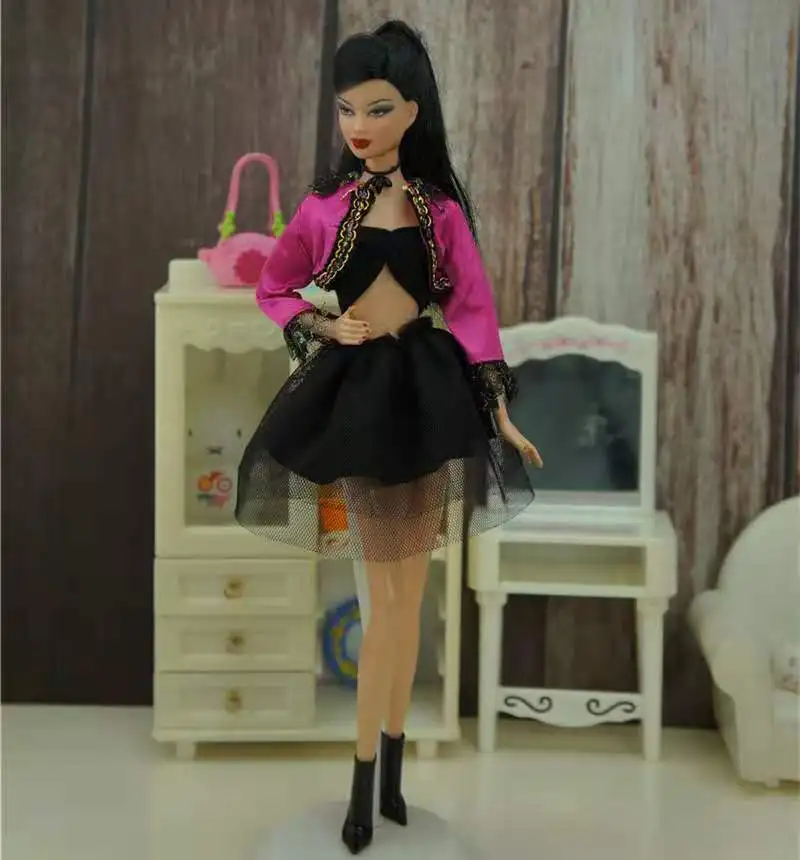 Juoda Nėrinių Sijonas, Liemenėlė Rožinis Kailis 1/6 BJD Doll Drabužius Barbie Drabužių Komplektus Nustatyti 11.5