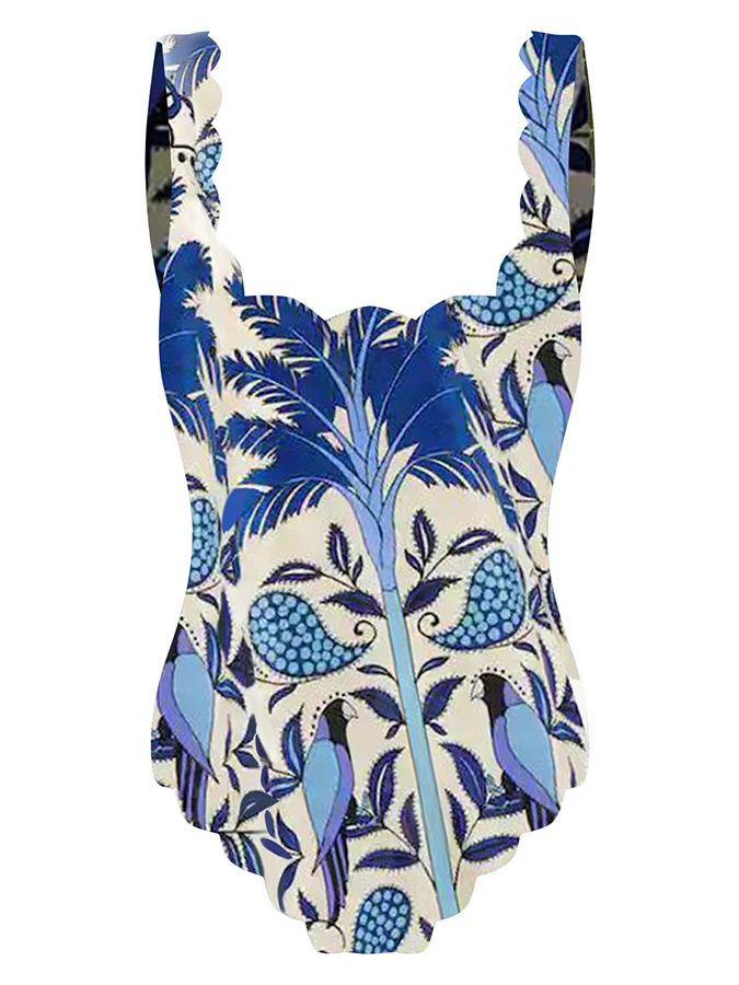 Vintage Blue Kokoso Ir Paukščių Menas Spausdinti Mados Pečių Nusimesti Dviejų dalių Stiliaus Moterų Patogus Bikini maudymosi kostiumėlį Ilgai Padengti Iki2