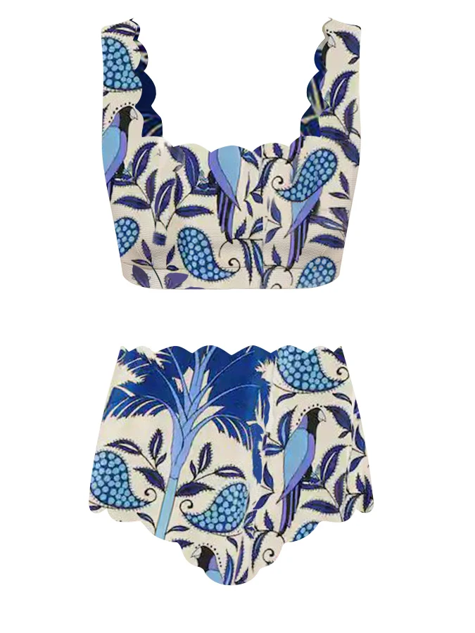 Vintage Blue Kokoso Ir Paukščių Menas Spausdinti Mados Pečių Nusimesti Dviejų dalių Stiliaus Moterų Patogus Bikini maudymosi kostiumėlį Ilgai Padengti Iki3
