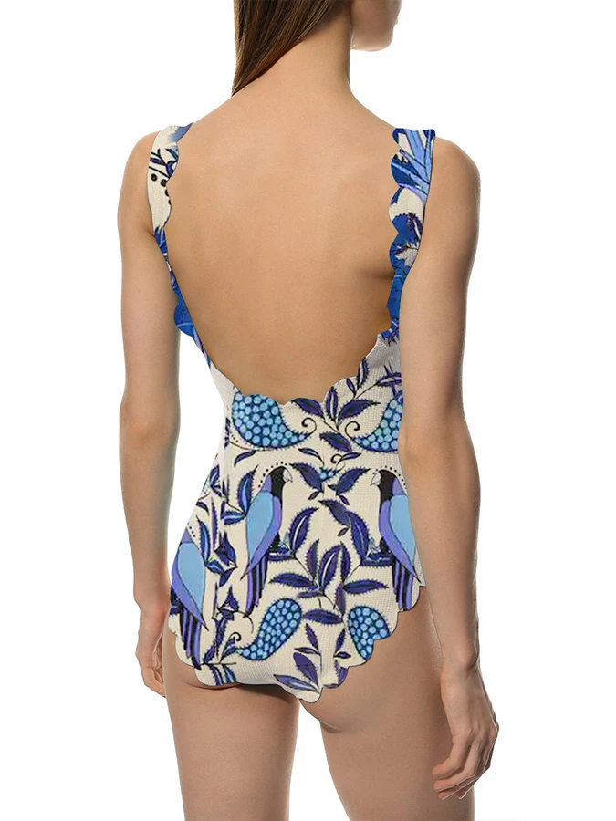 Vintage Blue Kokoso Ir Paukščių Menas Spausdinti Mados Pečių Nusimesti Dviejų dalių Stiliaus Moterų Patogus Bikini maudymosi kostiumėlį Ilgai Padengti Iki5