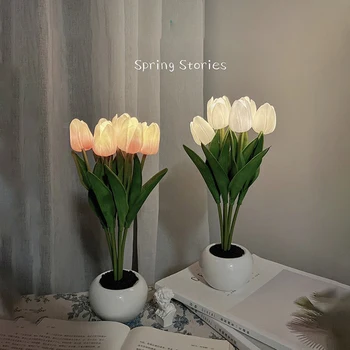 6 Tulpės Modeliavimas Netikrą Gėlių Vazoninių Naktį Šviesos diodų (LED) Paprasta stalinė Lempa Namų Puošybai Atmosfera Lempos Miegamasis Papuošalas Dovanų