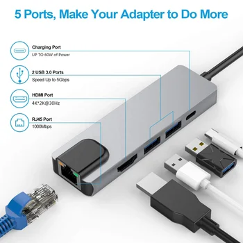 Tipas-C-HDMI 4K RJ45 Gigabit Ethernet 2*USB3.0 Uostų 100W Galios Tiekimo 5 in 1, USB, C Tinklo Adapteris, skirtas C Tipo Nešiojamieji kompiuteriai