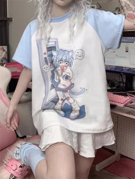 QWEEK Japonijos Y2K T-Shirt Moterims, Harajuku Anime Spausdinti Nuimamos Rankovės Tees Negabaritinių Kawaii Mielas Manga Subkultūra Viršuje Vasaros