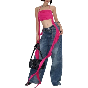 Moterų Pasėlių Viršuje y2k Estetinės Pasakų Grunge vientisos Spalvos Backless Marškinėlius be Rankovių su Pynimas Hem 2000-ųjų Vasaros Drabužių Streetwear