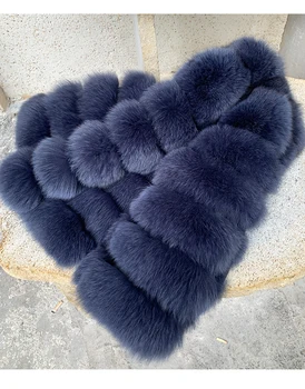 Britų dizaino 2023 Derliaus tamsiai Mėlyna panneled natūralus lapės kailiniai paltai ir švarkai