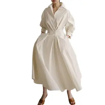 Balta vasaros suknelė ilgomis Rankovėmis Užsegama Maxi Suknelė vientisa Spalva Viena Breasted Marškinėliai Suknelė Elegantiškas Moterų Pavasario Sundress Skraiste
