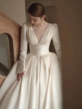 Ilgomis Rankovėmis V-Kaklo Satino Aline Vestuvių Suknelės 2022 M. Žiemos Vestuvių Suknelės