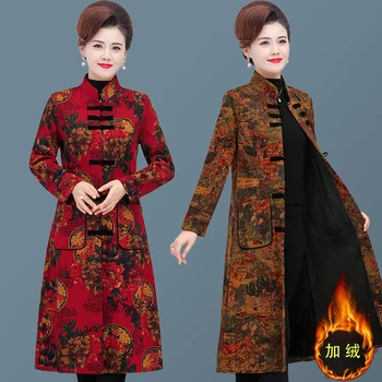 Kinų stiliaus Gėlių Medvilnė, Švarkelis, Moterų Rudens Žiemos Nauja Single-Breasted Plius Aksomo Storio Retro Kamšalu Paltą Moteris