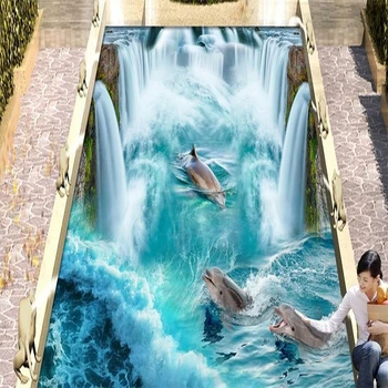 beibehang lipni tapetai Delfinų Krioklys Vandeniui Lipdukas neslystantis Vonios kambario Grindų 3D Freskos sienos dokumentų namų dekoro